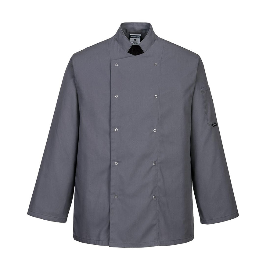 Slate Grey Portwest Suffolk Chefs Jacket. Jacket is button fasten and has a side pen pocket. Jacket has long sleeves.