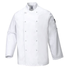 White Portwest Suffolk Chefs Jacket. Jacket is button fasten and has a side pen pocket.and has long sleeves. and has long sleeves. Jacket has long sleeves.