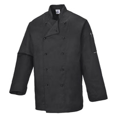 Black Portwest Somerset Chefs Jacket. Jacket is long sleeve and has pen pocket on the arm.