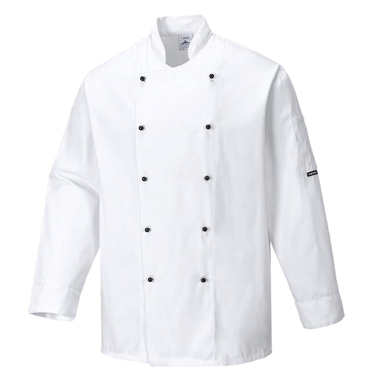 White Portwest Somerset Chefs Jacket. Jacket is long sleeve and has pen pocket on the arm.