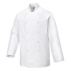 White Portwest Suffolk Chefs Jacket. Jacket is button fasten and has a side pen pocket.and has long sleeves. and has long sleeves. Jacket has long sleeves.