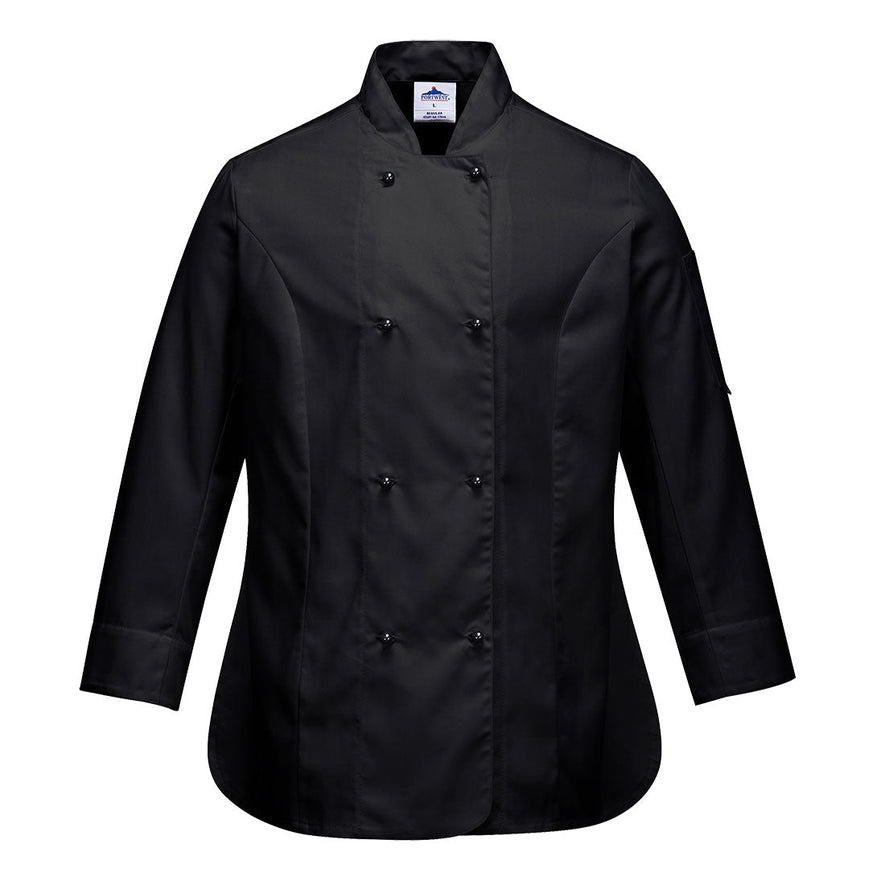 Black Portwest Rachel Ladies Long Sleeve chef jacket. Jacket is button fasten.