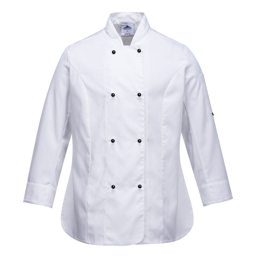 White Portwest Rachel Ladies Long Sleeve chef jacket. Jacket is button fasten.