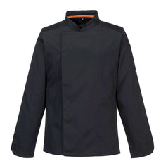Portwest Stretch Mesh Air Pro Long Sleeve Jacket in black with orange inside collar and flap over front.