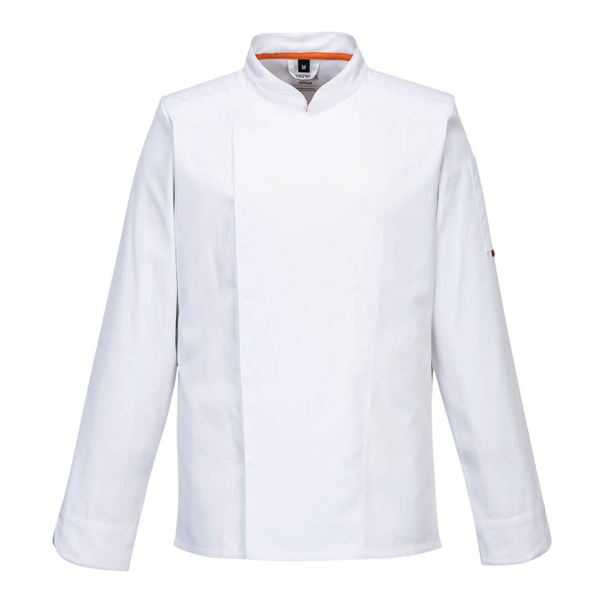 Portwest Stretch Mesh Air Pro Long Sleeve Jacket in white with orange inside collar and flap over front.