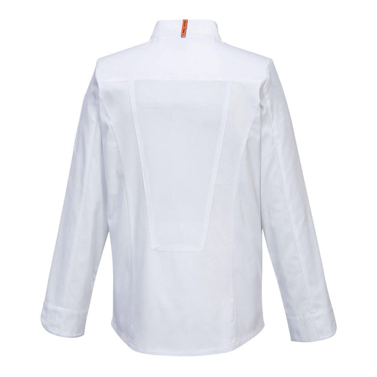 Back of Portwest Stretch Mesh Air Pro Long Sleeve Jacket in white with mesh panel on back.