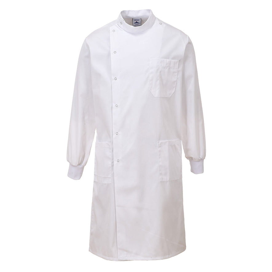 White Howie lab coat. Coat has was it pockets and a chest pocket. Coat is long sleeved and has elasticated wrist cuffs. Coat is pop button fasten.