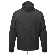 Portwest WX2 Eco Softshell Jacket in black with panels on shoulders, full zip fastening, collar, zip pocket on chest and elasticated cuffs on sleeves.