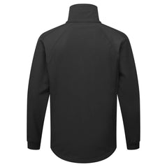 Back of Portwest WX2 Eco Softshell Jacket in black with panels on shoulders, collar and elasticated cuffs on sleeves.