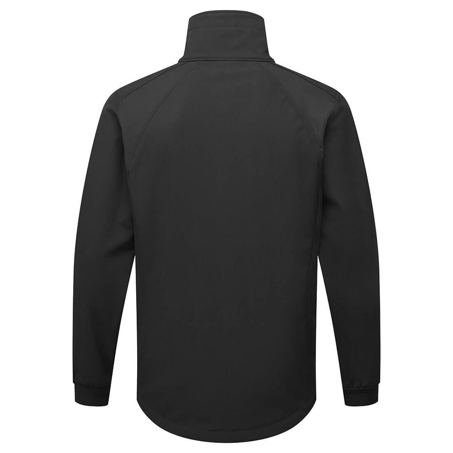 Back of Portwest WX2 Eco Softshell Jacket in black with panels on shoulders, collar and elasticated cuffs on sleeves.