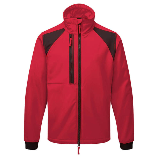Portwest WX2 Eco Softshell Jacket in deep red with black panels on shoulders, full zip fastening, collar, zip pocket on chest and elasticated cuffs on sleeves.
