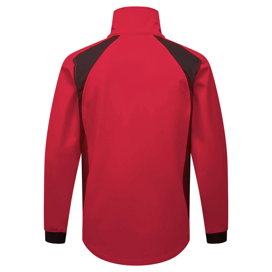 Back of Portwest WX2 Eco Softshell Jacket in deep red with black panels on shoulders, collar and elasticated cuffs on sleeves.