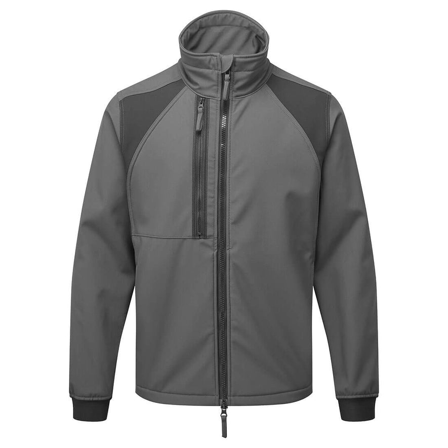 Portwest WX2 Eco Softshell Jacket in metal grey with darker grey panels on shoulders, full zip fastening, collar, zip pocket on chest and elasticated cuffs on sleeves.