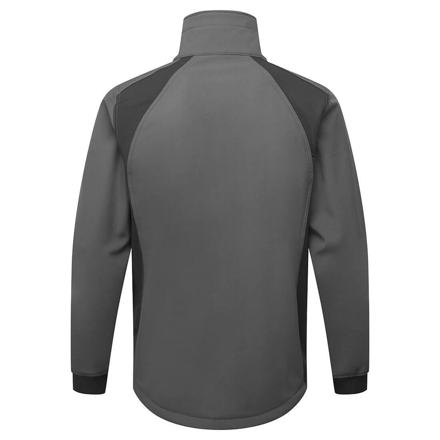 Back of Portwest WX2 Eco Softshell Jacket in metal grey with darker grey panels on shoulders, collar and elasticated cuffs on sleeves.