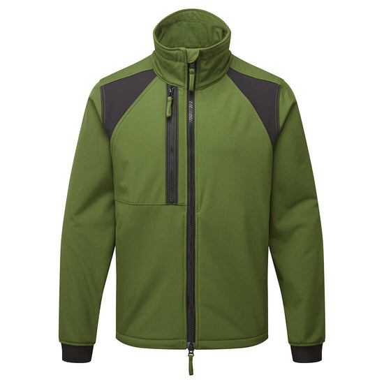 Portwest WX2 Eco Softshell Jacket in olive green with black panels on shoulders, full zip fastening, collar, zip pocket on chest and elasticated cuffs on sleeves.