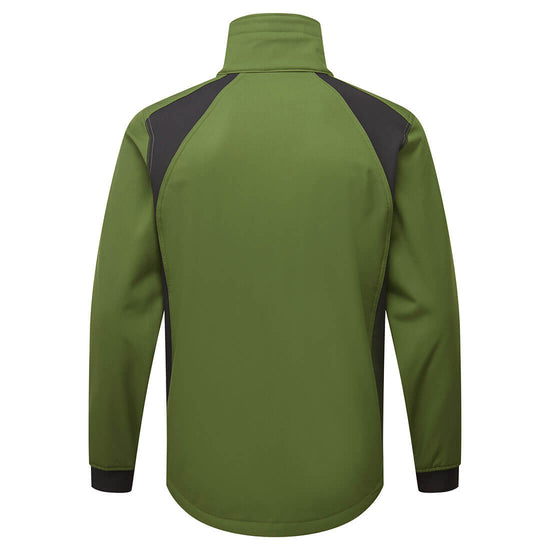 Back of Portwest WX2 Eco Softshell Jacket in olive green with black panels on shoulders, collar and elasticated cuffs on sleeves.