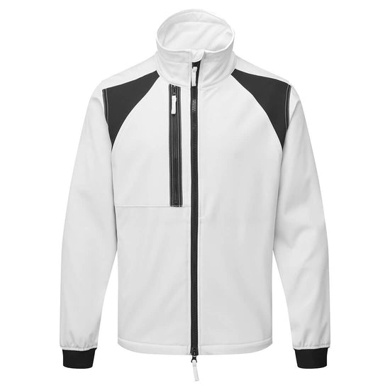 Portwest WX2 Eco Softshell Jacket in white with black panels on shoulders, full zip fastening, collar, zip pocket on chest and elasticated cuffs on sleeves.