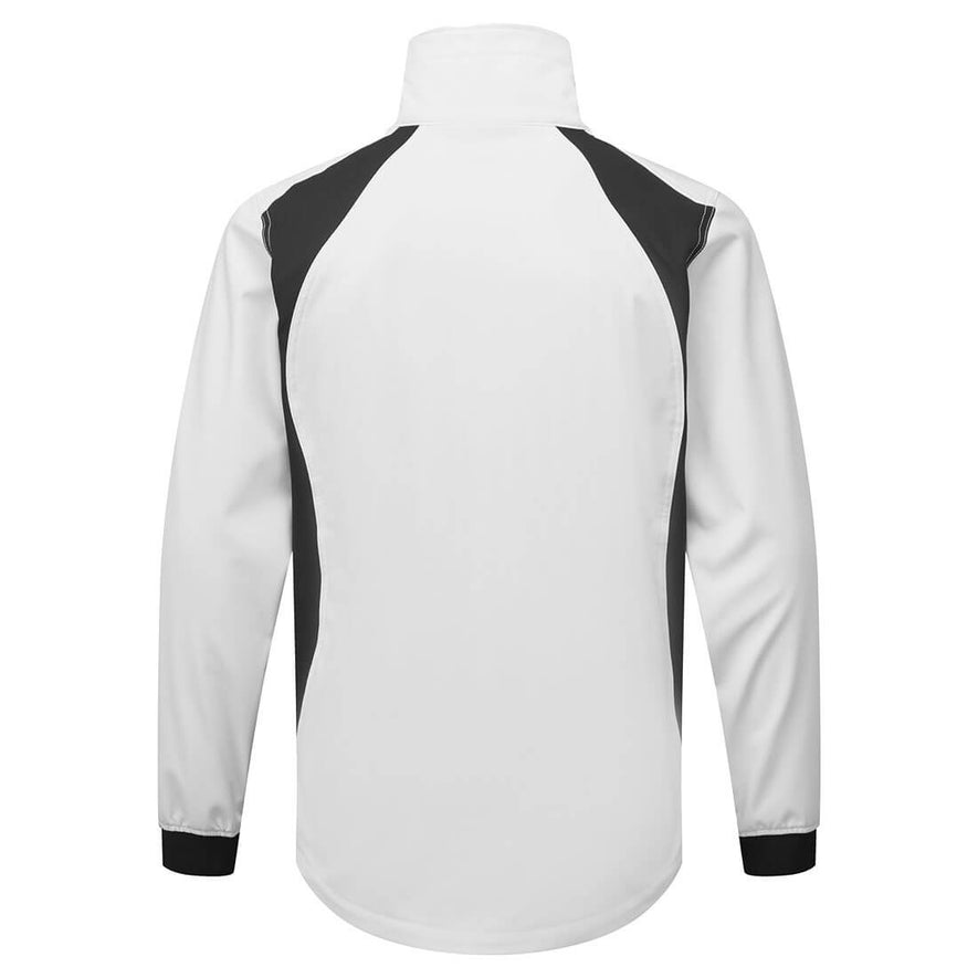 Back of Portwest WX2 Eco Softshell Jacket in white with black panels on shoulders, collar and elasticated cuffs on sleeves.