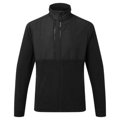 Portwest WX2 Eco Fleece in black with full zip fastening, collar, zipped pocket on chest and two on lower front, different material panel on chest and collar.