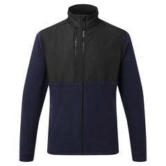 Portwest WX2 Eco Fleece in dark navy with full zip fastening, collar, zipped pocket on chest and two on lower front, different material panel in black on chest and collar.