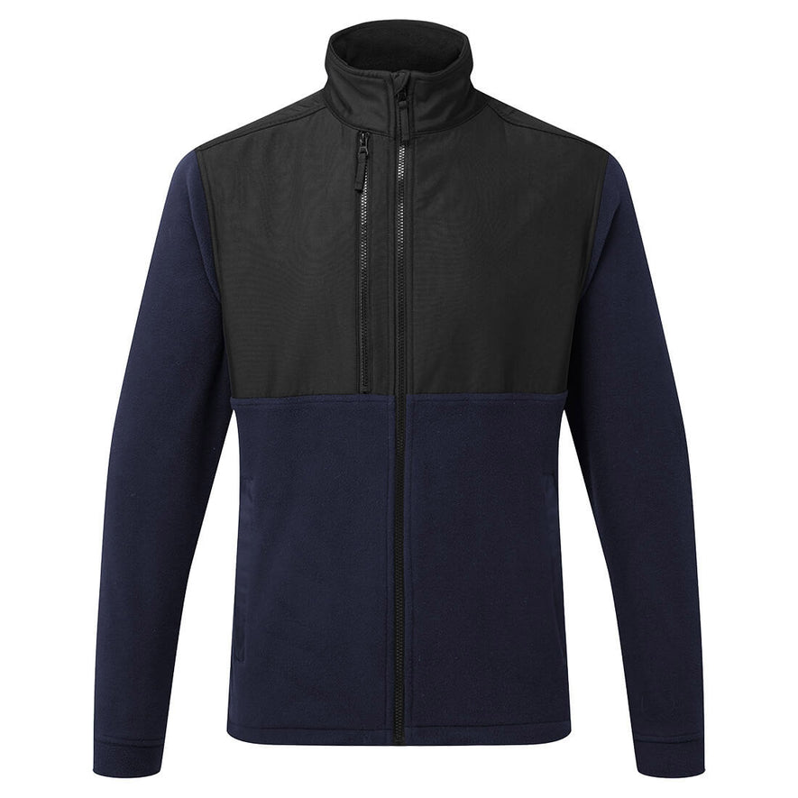 Portwest WX2 Eco Fleece in dark navy with full zip fastening, collar, zipped pocket on chest and two on lower front, different material panel in black on chest and collar.