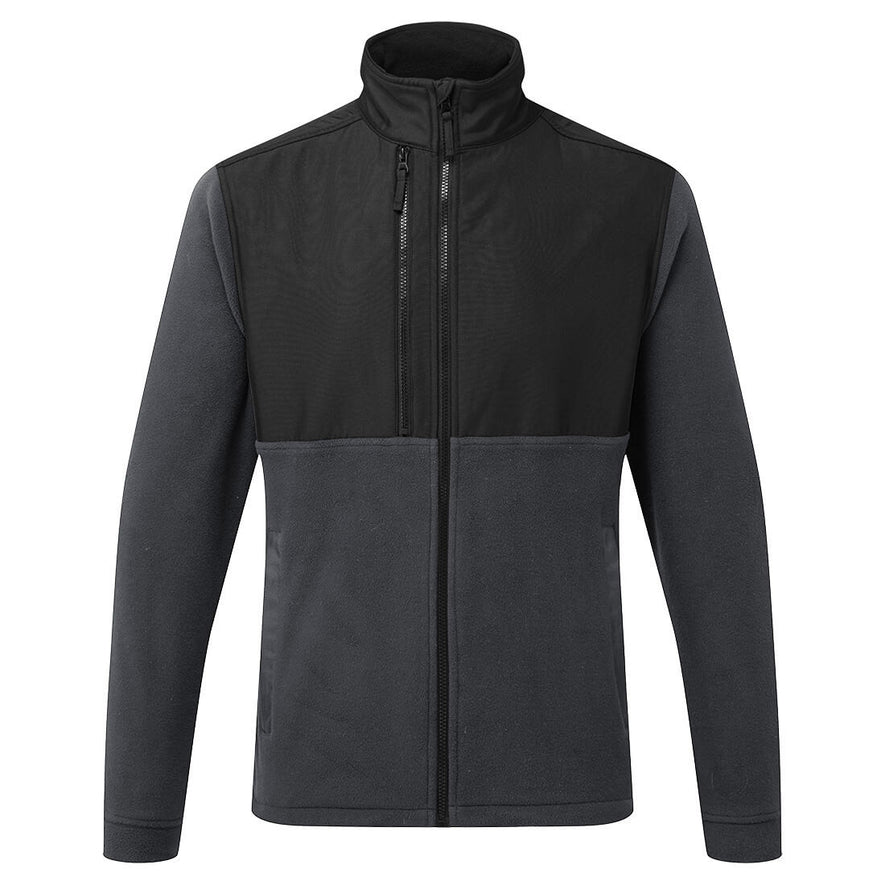 Portwest WX2 Eco Fleece in metal grey with full zip fastening, collar, zipped pocket on chest and two on lower front, different material panel in black on chest and collar.