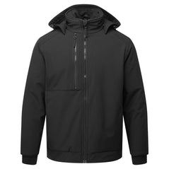 Portwest WX2 Eco Insulated Softshell Jacket in black with full zip and zipped pocket on chest, hood with elastic and plastic toggles and elasticated cuffs.