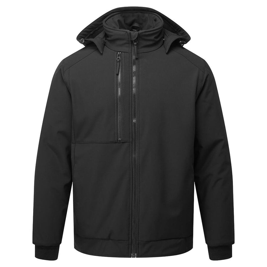 Portwest WX2 Eco Insulated Softshell Jacket in black with full zip and zipped pocket on chest, hood with elastic and plastic toggles and elasticated cuffs.