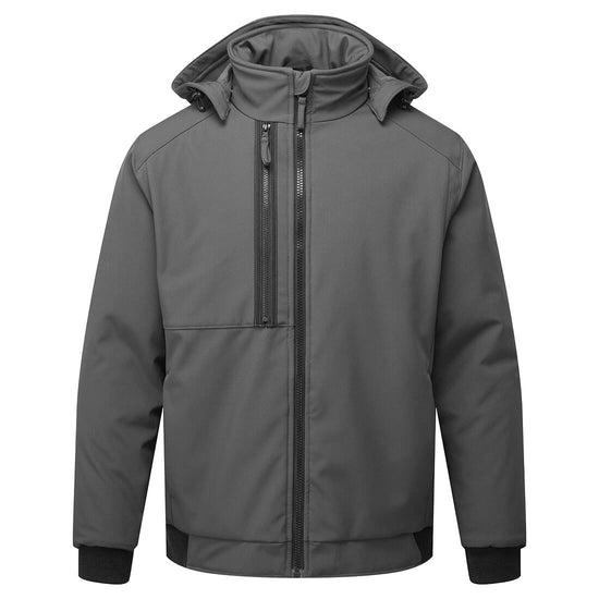 Portwest WX2 Eco Insulated Softshell Jacket in metal grey with full zip and zipped pocket on chest, hood with elastic and plastic toggles and elasticated cuffs.