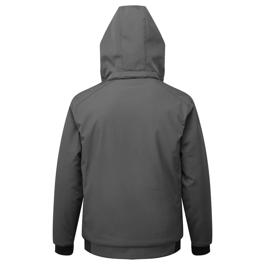 Back of Portwest WX2 Eco Insulated Softshell Jacket in metal grey with hood and elasticated cuffs.