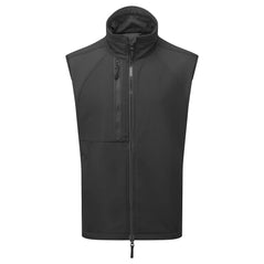 Portwest WX2 Eco Softshell Sleeveless Gilet in black with panels on shoulders, collar, full zip fastening and zipped chest pocket.