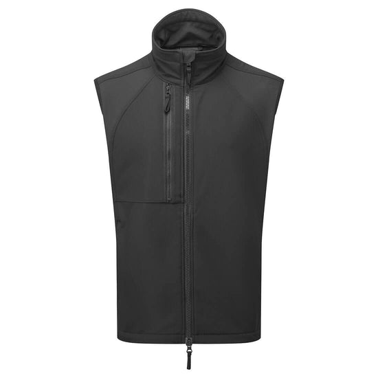 Portwest WX2 Eco Softshell Sleeveless Gilet in black with panels on shoulders, collar, full zip fastening and zipped chest pocket.