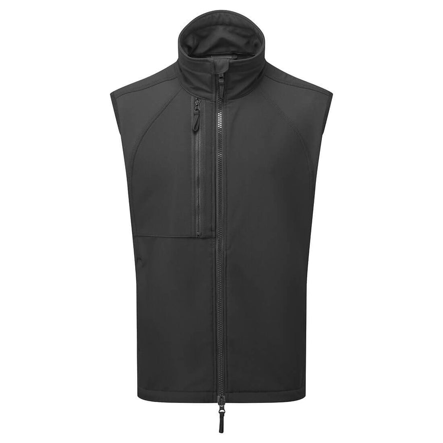 Portwest WX2 Eco Softshell Sleeveless Gilet in black with panels on shoulders, collar, full zip fastening and zipped chest pocket.
