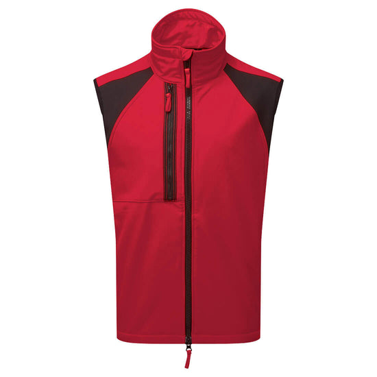 Portwest WX2 Eco Softshell Sleeveless Gilet in deep red with black panels on shoulders, collar, full zip fastening and zipped chest pocket.