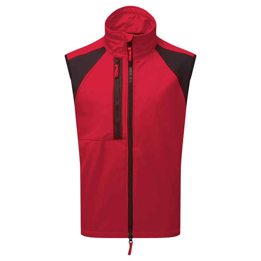 Portwest WX2 Eco Softshell Sleeveless Gilet in deep red with black panels on shoulders, collar, full zip fastening and zipped chest pocket.