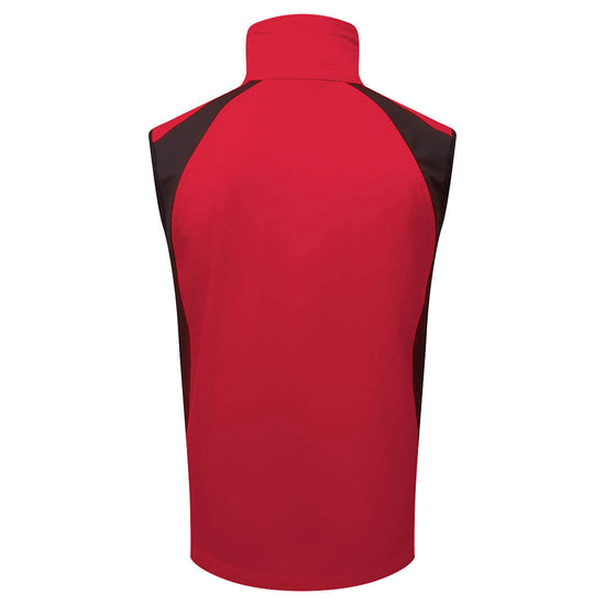 Back of Portwest WX2 Eco Softshell Sleeveless Gilet in deep red with collar, black panels on shoulders and sides.