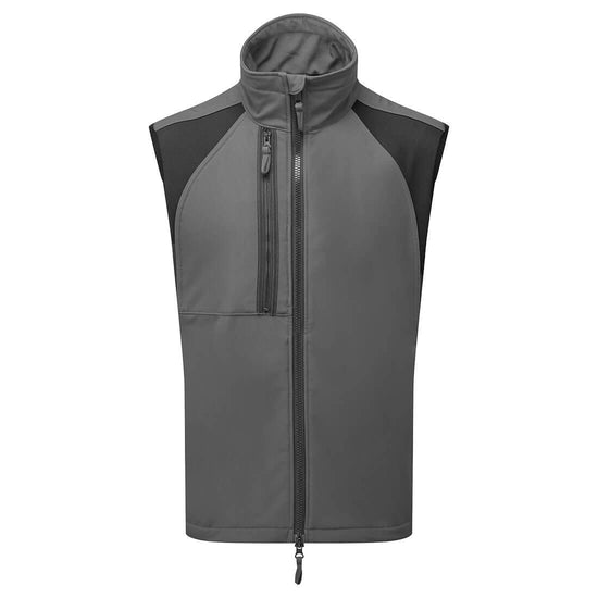 Portwest WX2 Eco Softshell Sleeveless Gilet in metal grey with black panels on shoulders, collar, full zip fastening and zipped chest pocket.
