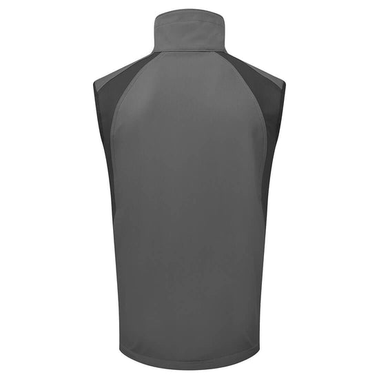 Back of Portwest WX2 Eco Softshell Sleeveless Gilet in metal grey with collar, black panels on shoulders and sides.