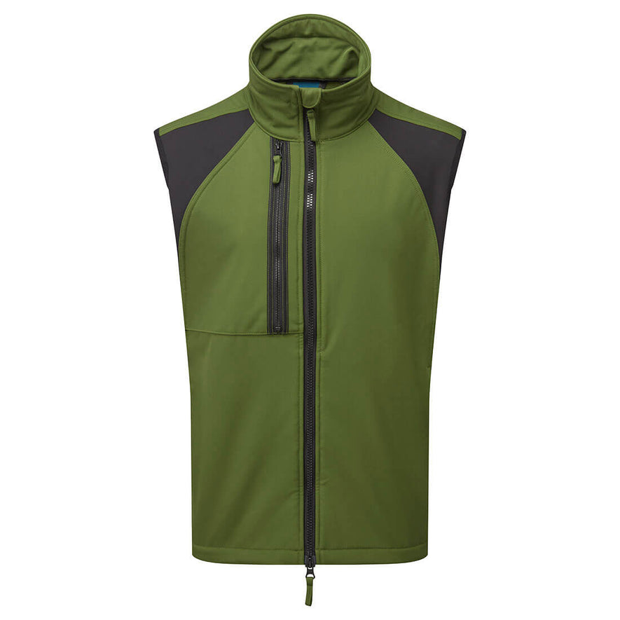Portwest WX2 Eco Softshell Sleeveless Gilet in olive green with black panels on shoulders, collar, full zip fastening and zipped chest pocket.