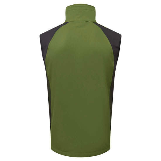 Back of Portwest WX2 Eco Softshell Sleeveless Gilet in olive green with collar, black panels on shoulders and sides.