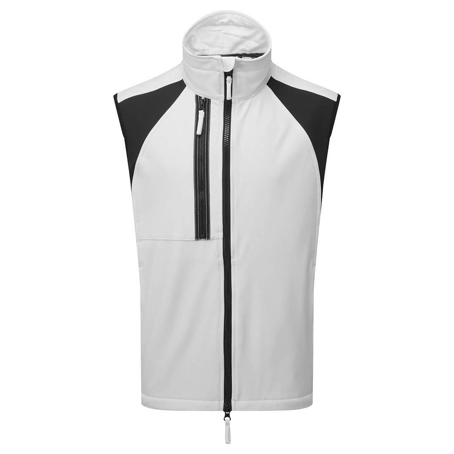 Portwest WX2 Eco Softshell Sleeveless Gilet in white with black panels on shoulders, collar, full zip fastening and zipped chest pocket.