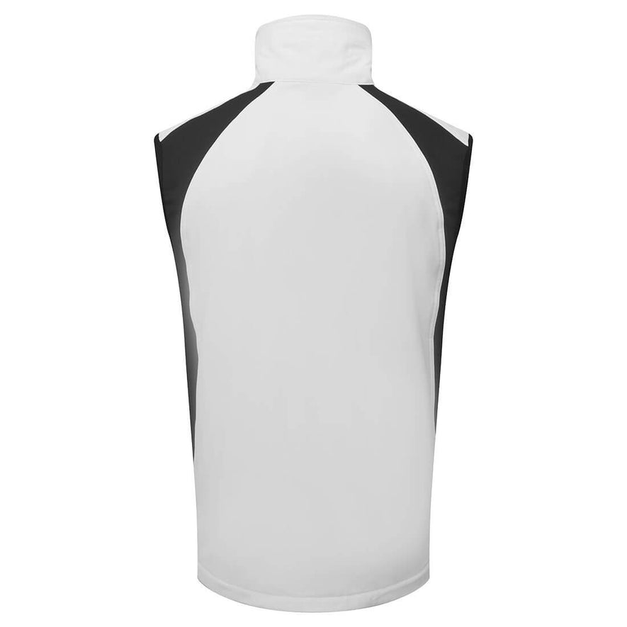 Back of Portwest WX2 Eco Softshell Sleeveless Gilet in white with collar, black panels on shoulders and sides.