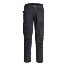 Portwest WX2 Eco Stretch Trade Trousers in black with button and zip fly fastening, belt loops on waist band, pockets on top and sides and knee patches.