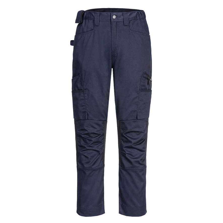 Portwest WX2 Eco Stretch Trade Trousers in dark navy with button and zip fly fastening, belt loops on waist band, pockets on top and sides and knee patches.