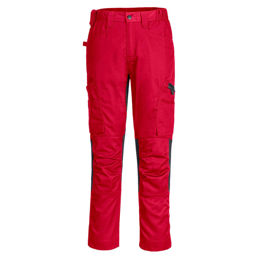 Portwest WX2 Eco Stretch Trade Trousers in deep red with button and zip fly fastening, belt loops on waist band, pockets on top and sides and knee patches.