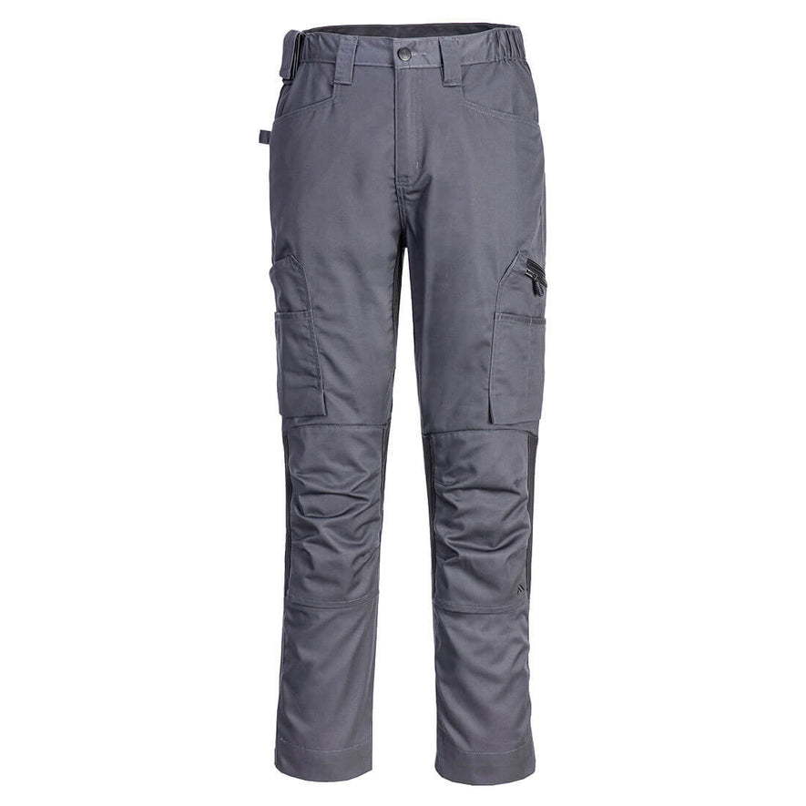 Portwest WX2 Eco Stretch Trade Trousers in metal grey with button and zip fly fastening, belt loops on waist band, pockets on top and sides and knee patches.
