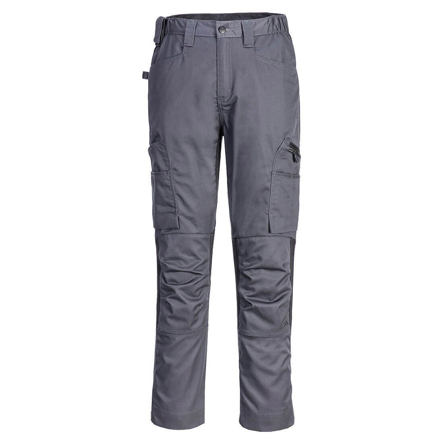 Portwest WX2 Eco Stretch Trade Trousers in metal grey with button and zip fly fastening, belt loops on waist band, pockets on top and sides and knee patches.