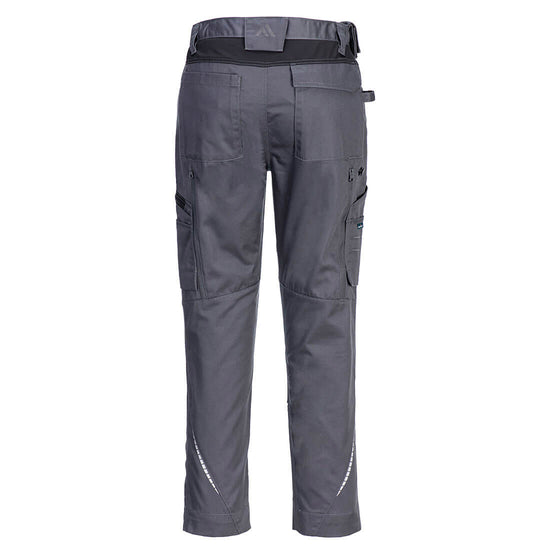 Back of WX2 Eco Stretch Trade Trousers in metal grey with belt loops on waist band, back and side pockets and reflective stripes on lower leg.