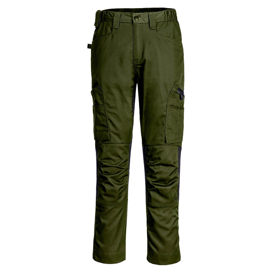 Portwest WX2 Eco Stretch Trade Trousers in olive green with button and zip fly fastening, belt loops on waist band, pockets on top and sides and knee patches.