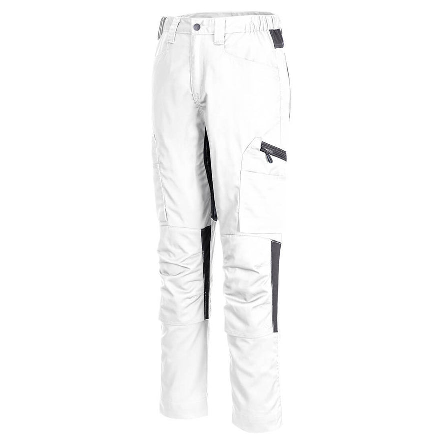 Portwest WX2 Eco Stretch Trade Trousers in white with button and zip fly fastening, belt loops on waist band, pockets on top and sides and knee patches.